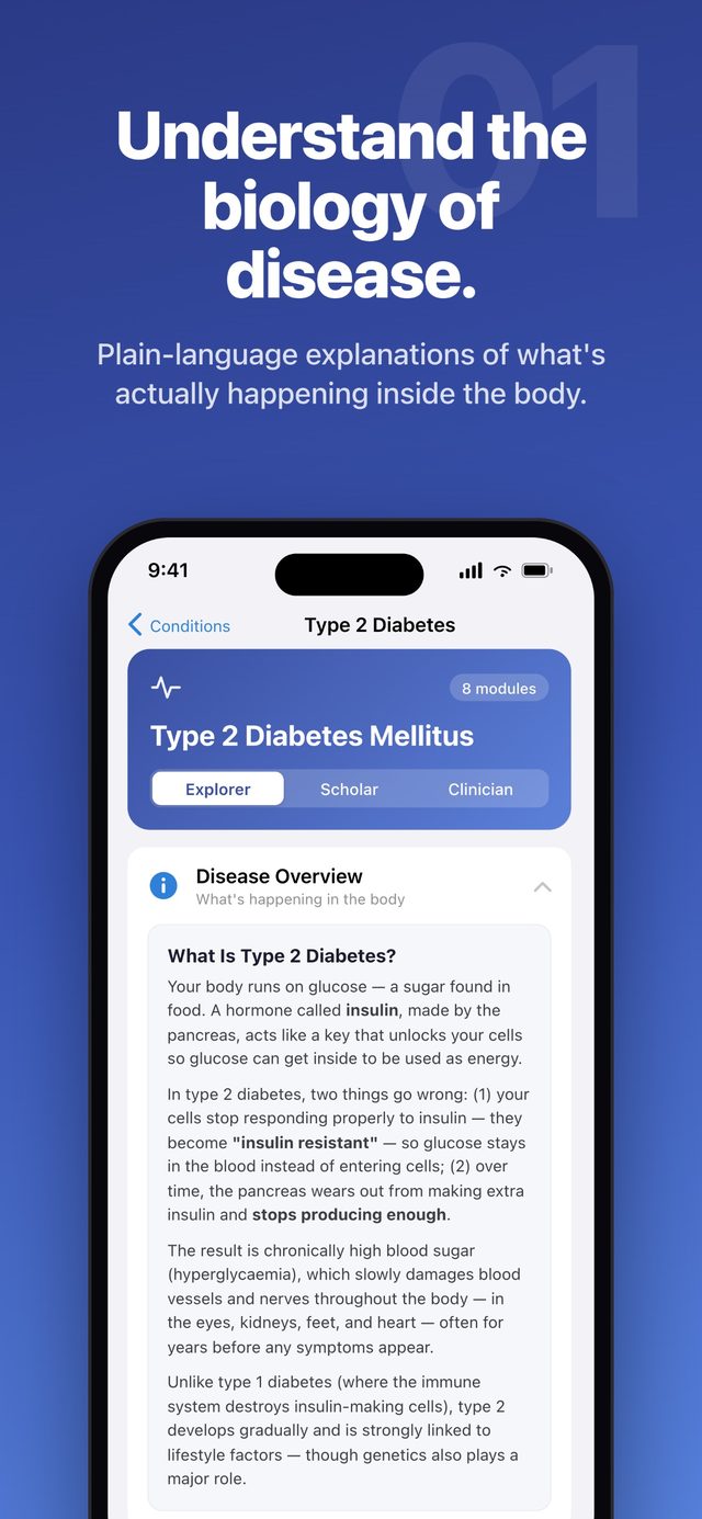 Health Lumia showing the Type 2 Diabetes profile with a plain-language disease overview.